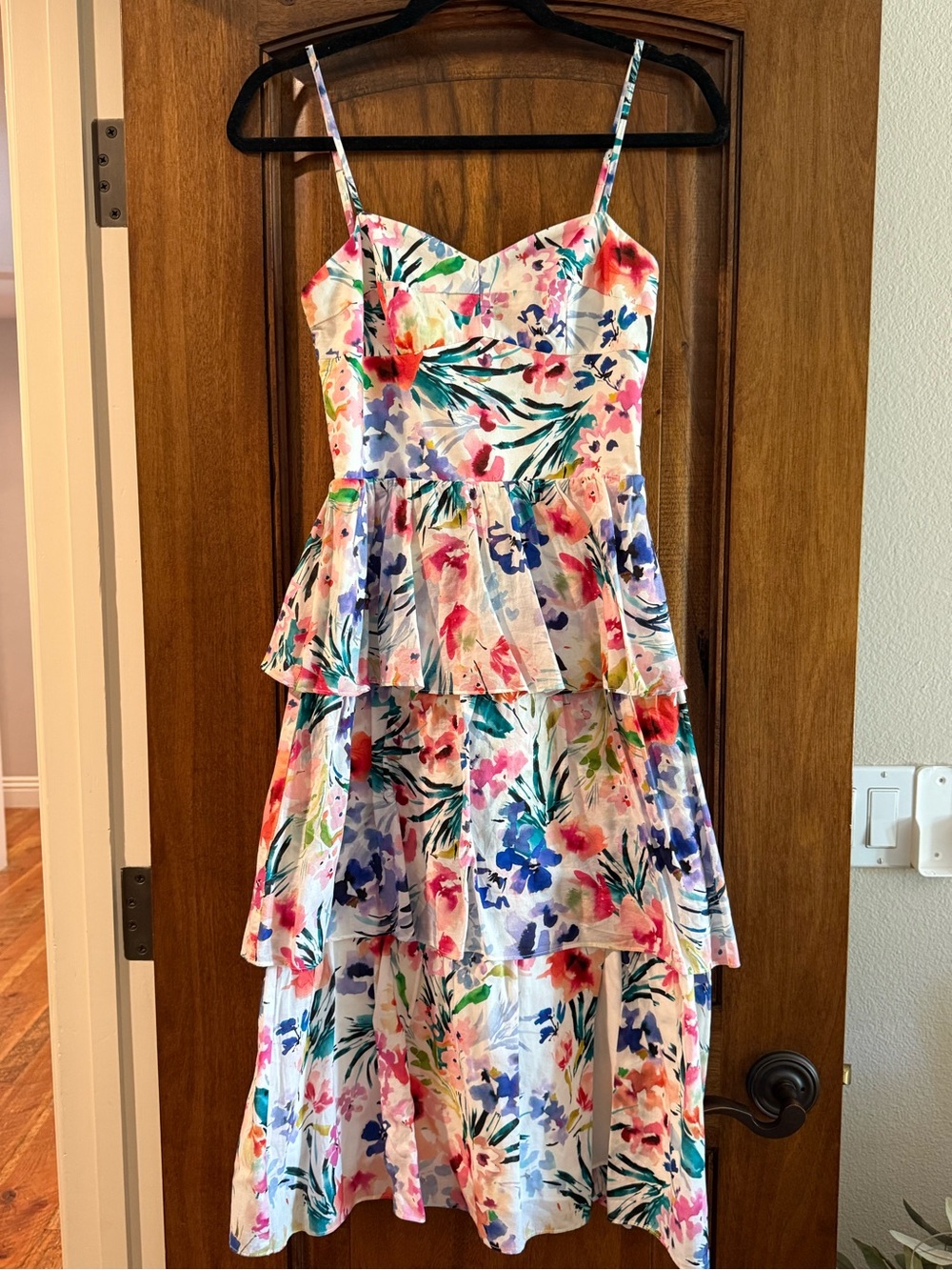 Amanda Uprichard White Floral Tiered Dress with Pink, Blue & Green Print
